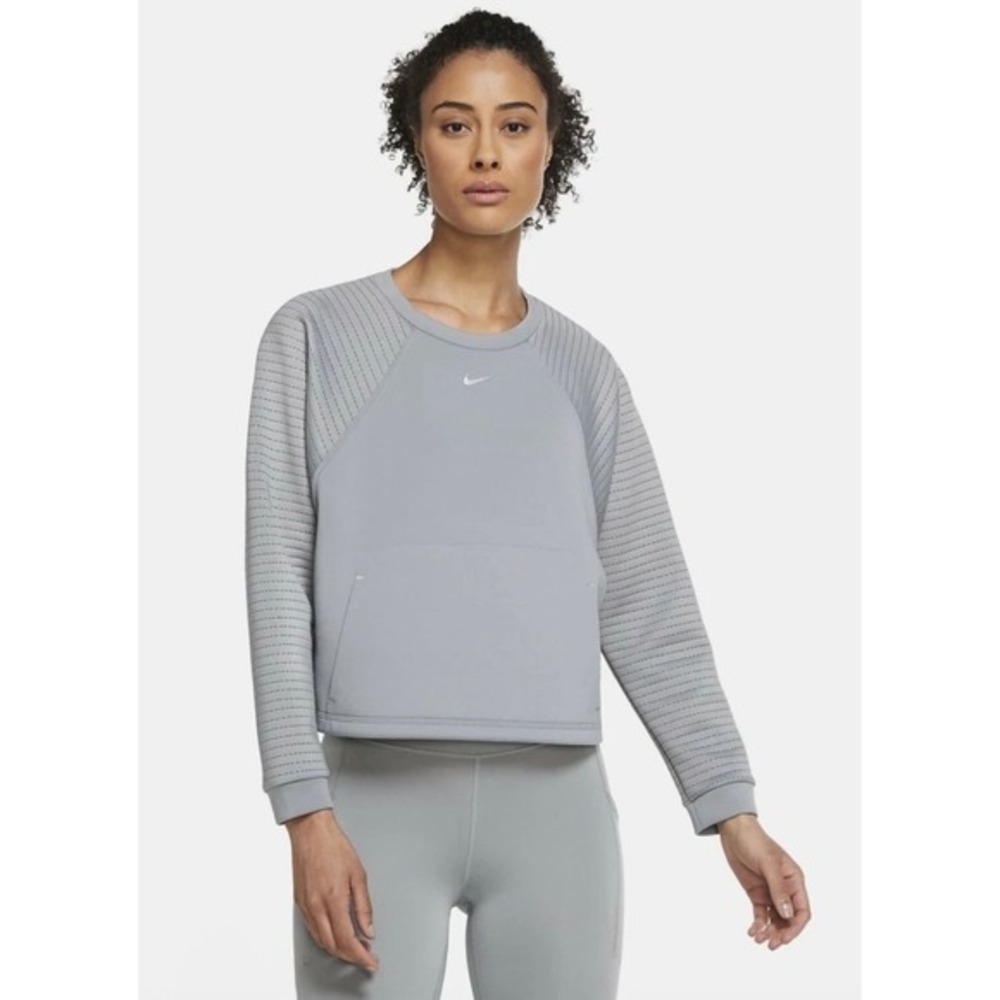 Nike Pro Gray Ribbed Sleeve Crewneck Sweatshirt Cropped Pullover Women's Medium